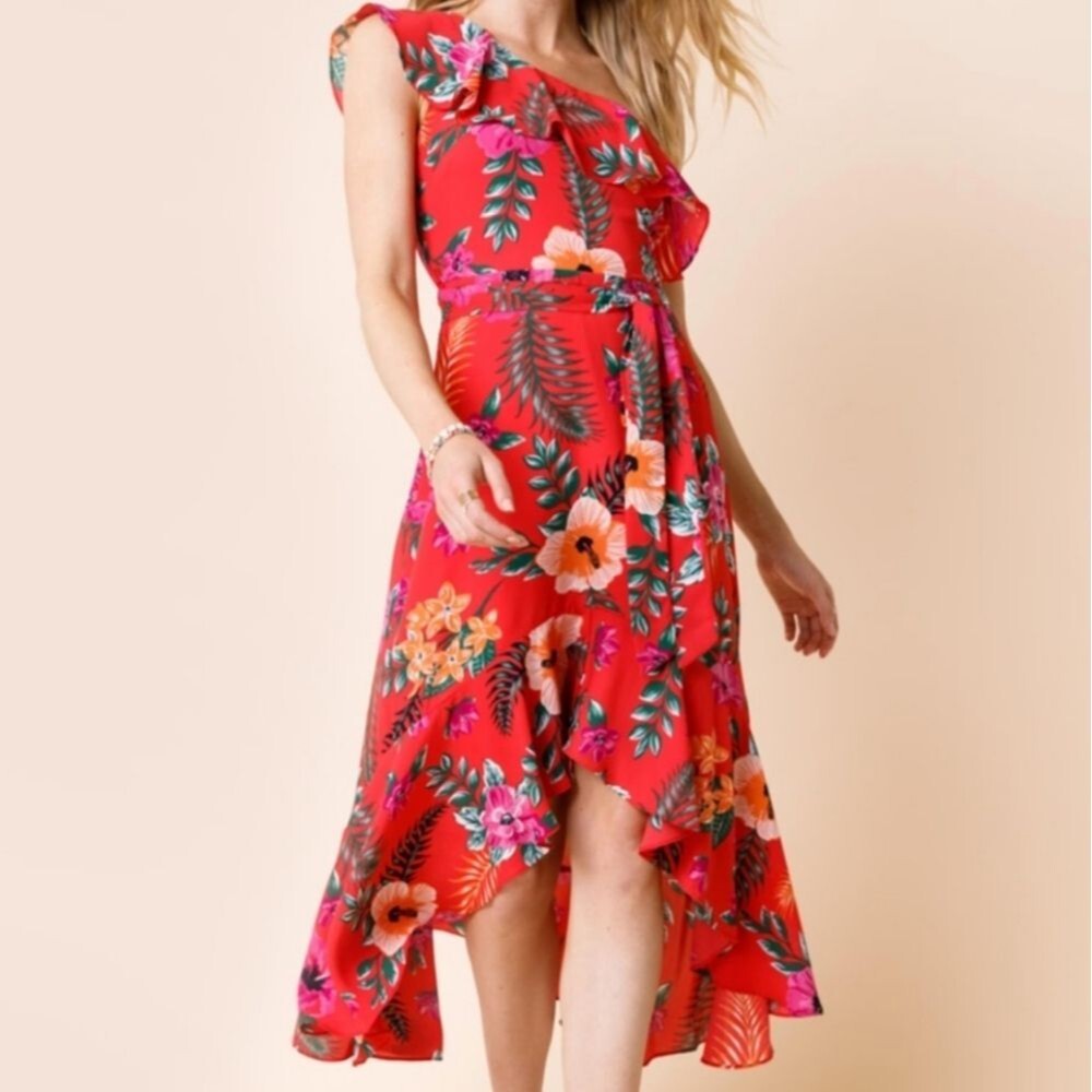 Francesca’s Laney One Shoulder Tropical Flounced High Low Dress